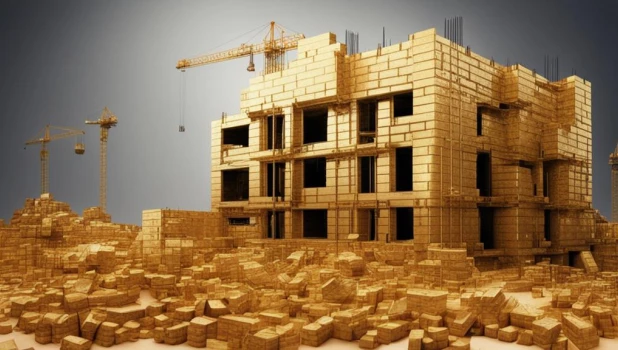 Строительство дома, стройка, золотые кирпичи, новостройка.