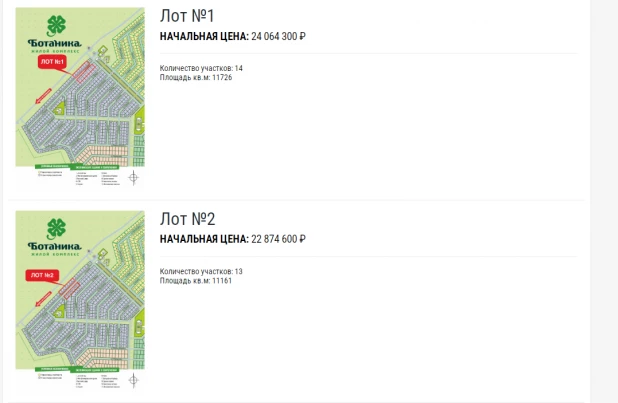 Лоты аукциона участков в ЖК Ботаника, Фирсово.