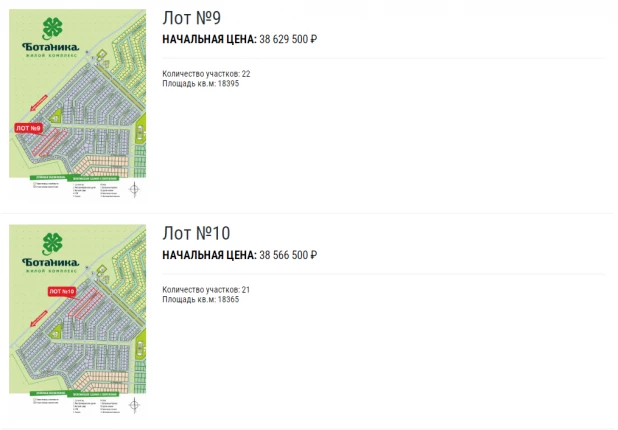 Лоты аукциона участков в ЖК Ботаника, Фирсово.