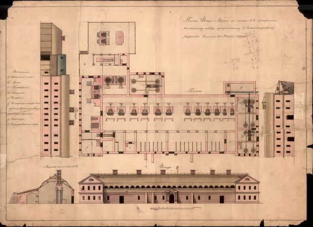 План, фасад и разрез сереброплавильного завода в Змеиногорском руднике, 1859 г.