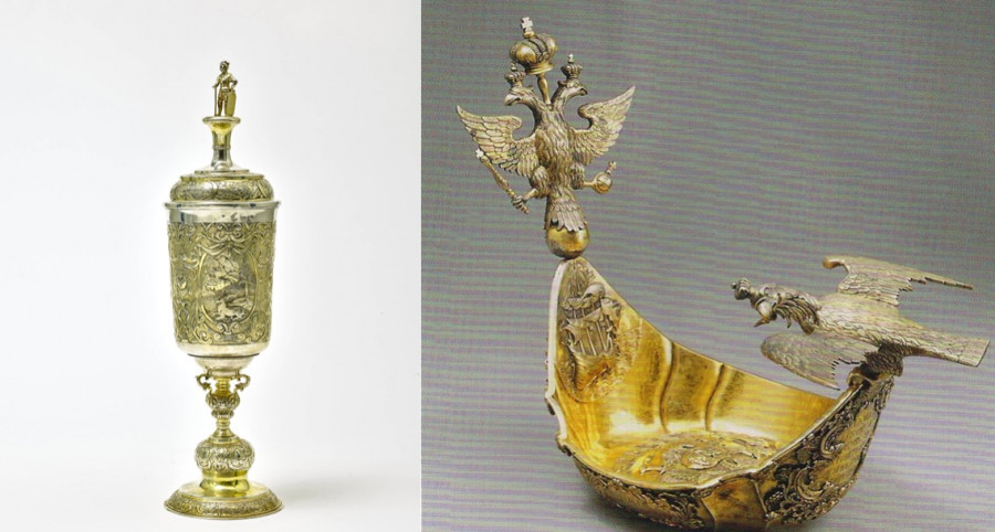 Справа - серебряный кубок, 1746 год, автор неизвестен. Слева - наградной кубок, золоченое серебро.