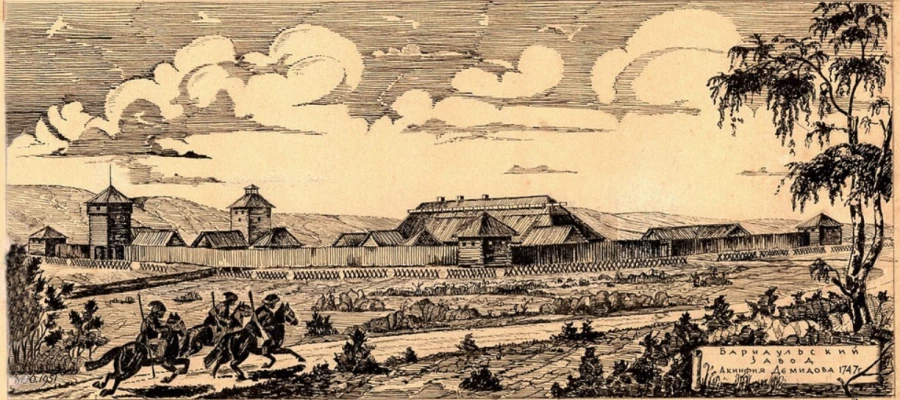 Барнаульский завод Акинфия Демидова 1747 год. Реконструкция М.А. Юдина.