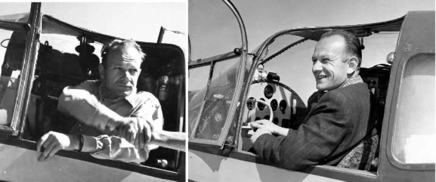 Франтишек Новак перед взлетом 7 сентября 1956 года в аэропорту Брно-Черновице (слева) и в салоне самолета &quot;Сокол М-1С&quot; по возвращении из Кулунды (справа)