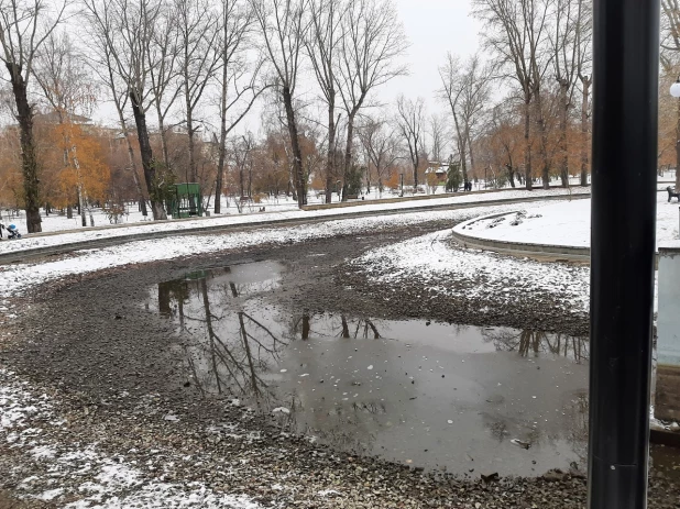 Изумрудный парк, покрытый льдом и снегом.