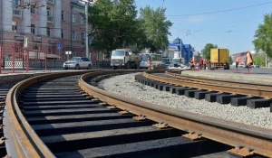 Ремонт трамвайного переезда на площади Октября в Барнауле.