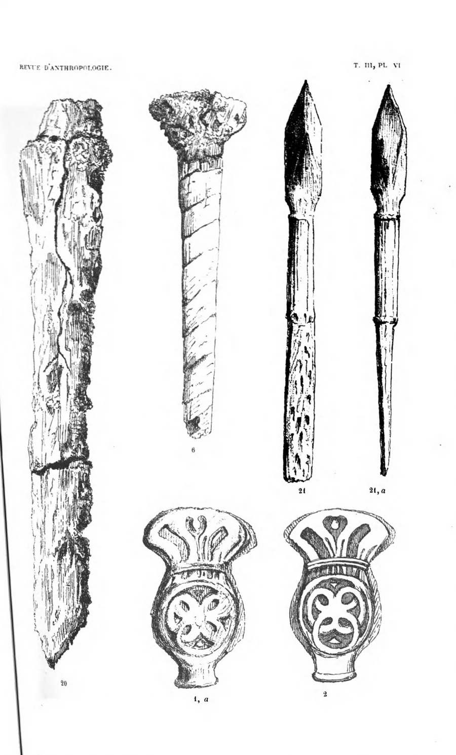 Находки из барнаульских курганов, раскопанных Менье осенью 1861 года. Иллюстрация из статьи Менье, изданной в 1874 году в «Revue d’Anthropologie».