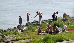 Барнаульцы вышли «пожариться» на палящем солнце и искупаться.