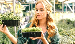 Девушка держит два ящичка с ростками.