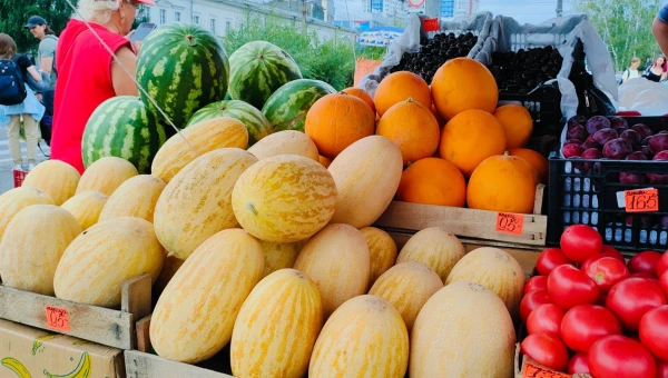 Ягоды, фрукты и грибы на площади Спартака в Барнауле.