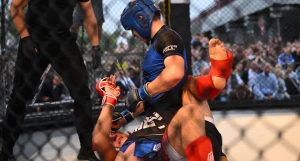 Бойцы сражаются за победу в поединках ММА