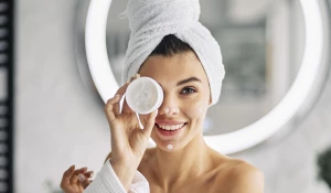 Девушка наносит крем.