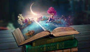 Открытая книга со сказочной сценой. Чудеса.