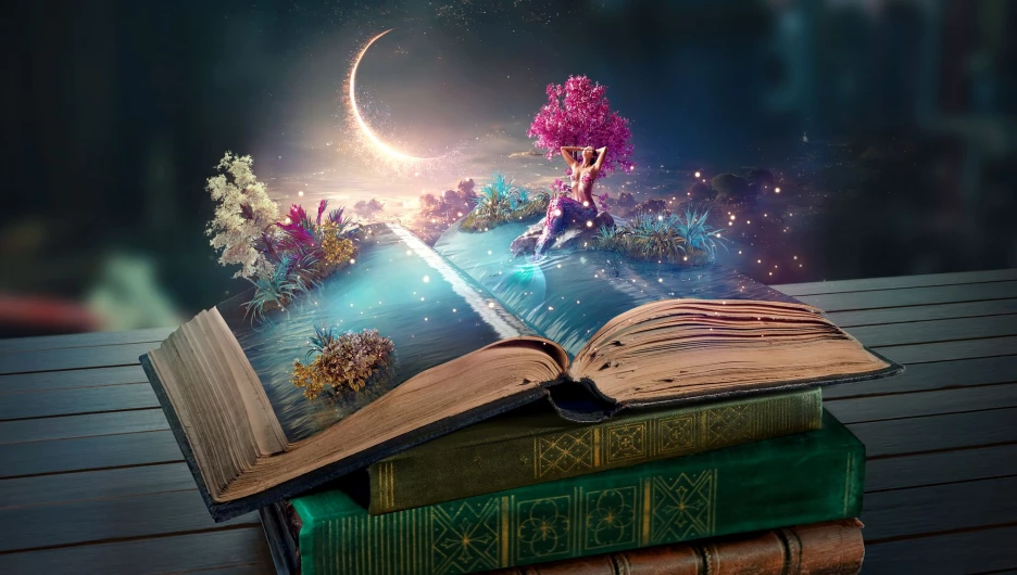 Открытая книга со сказочной сценой. Чудеса.