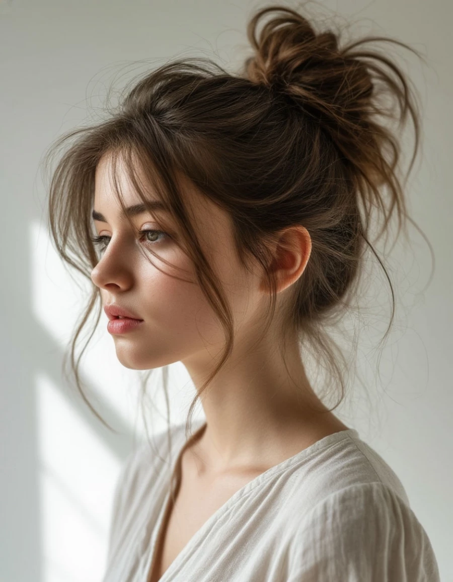 Пучок с эффектом растрепанных волос.