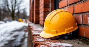 Строительная каска на кирпичной стене.