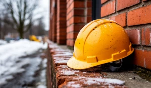 Строительная каска на кирпичной стене.