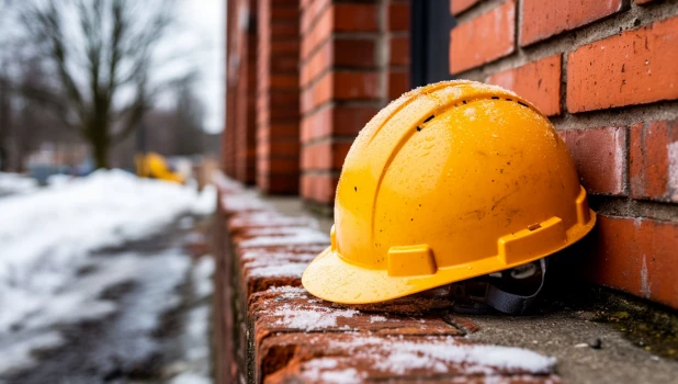 Строительная каска на кирпичной стене.