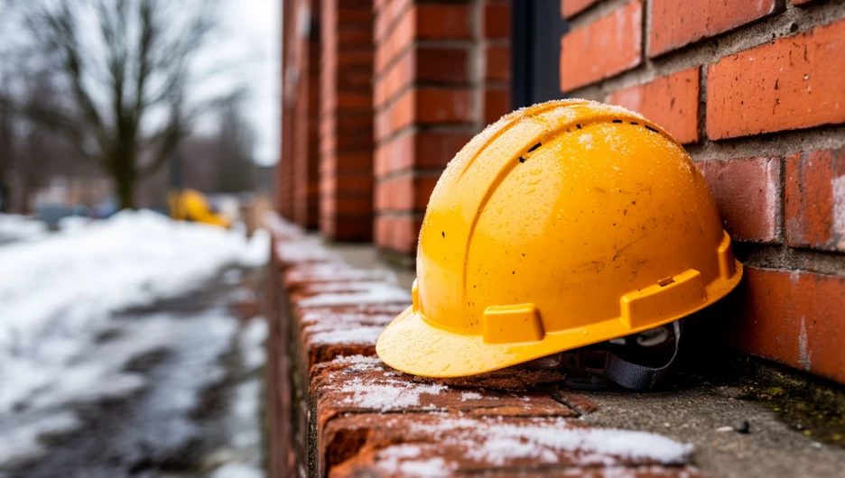 Строительная каска на кирпичной стене.