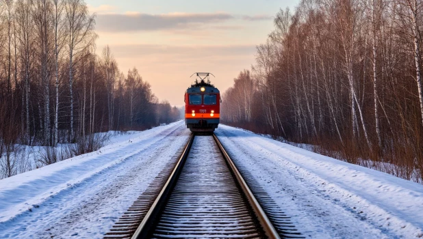 Поезд. Железная дорога. Зима.