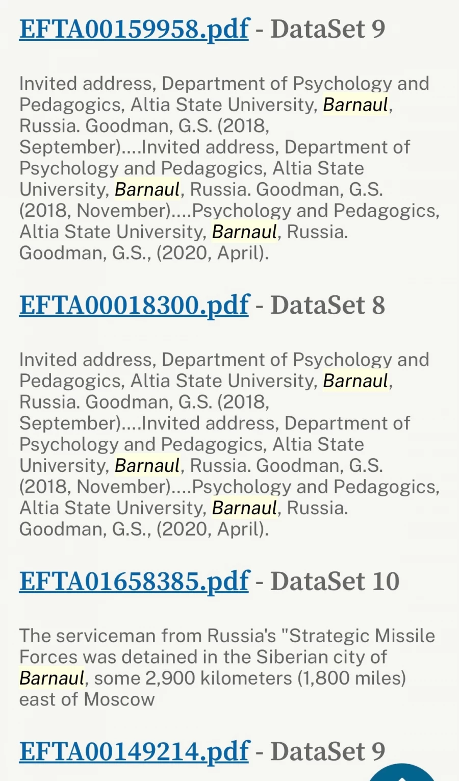 Упоминаний Барнаула и АлтГУ в файлах Эпштейна.