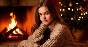 Девушка. Свитер. Уют. Камин. Дом.