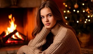 Девушка. Свитер. Уют. Камин. Дом.