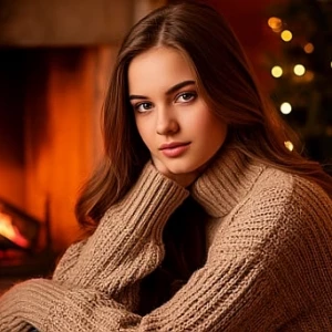 Девушка. Свитер. Уют. Камин. Дом.