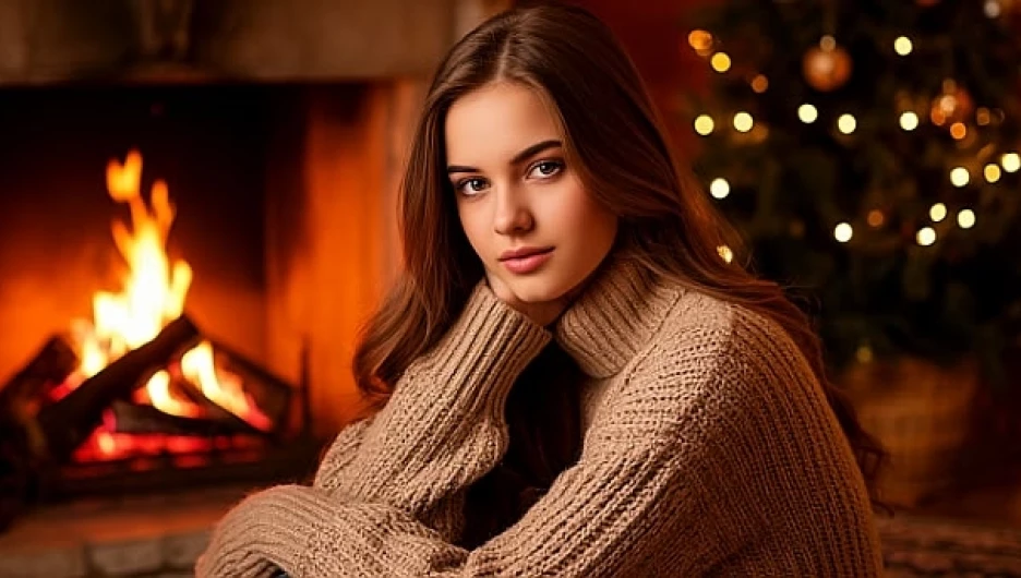 Девушка. Свитер. Уют. Камин. Дом.