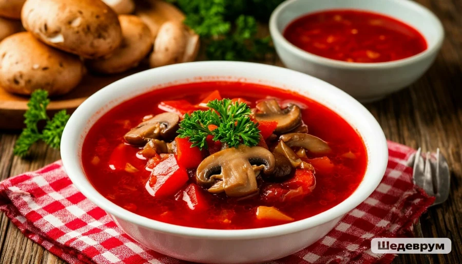 Борщ с грибами. Еда. Русская кухня.