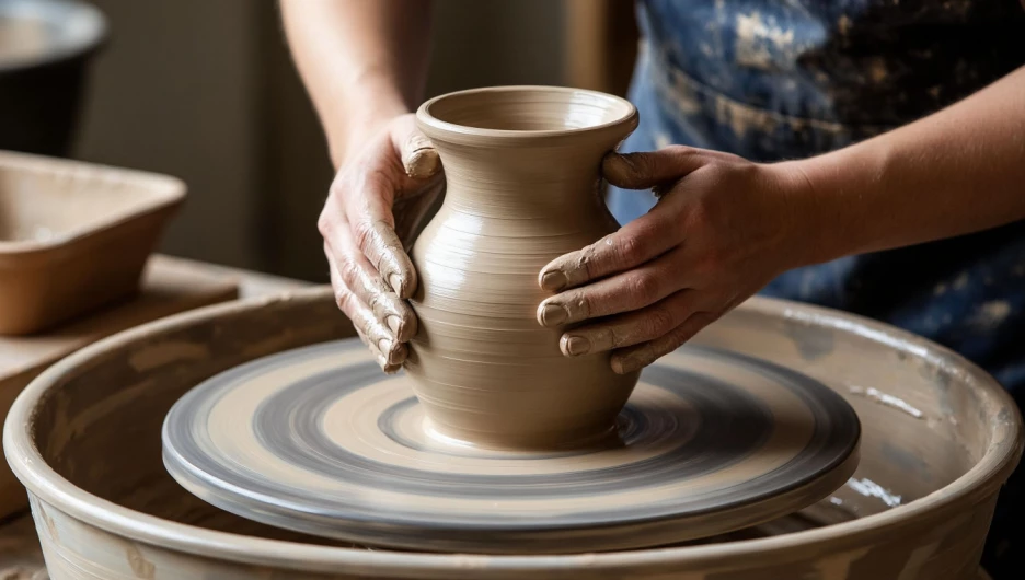 Гончарный круг. Лепка из глины. Ваза. Глина