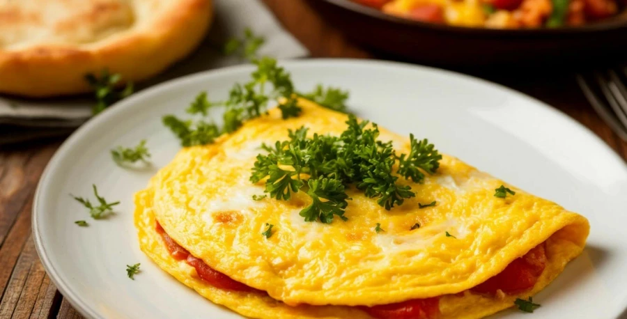 Еда. Омлет с овощами. Яйца