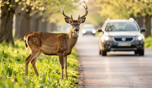 Олень. Трасса. Опасность на дороге.
