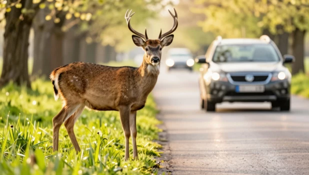 Олень. Трасса. Опасность на дороге.