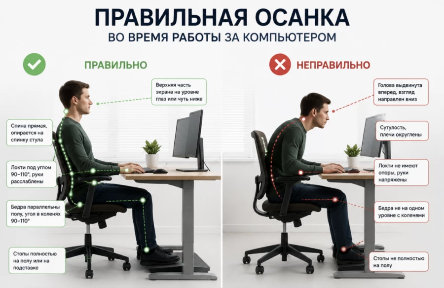 Осанка, ПК, компьютер, как правильно сидеть