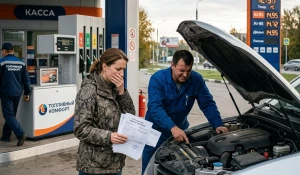 Женщина смотрит на двигатель